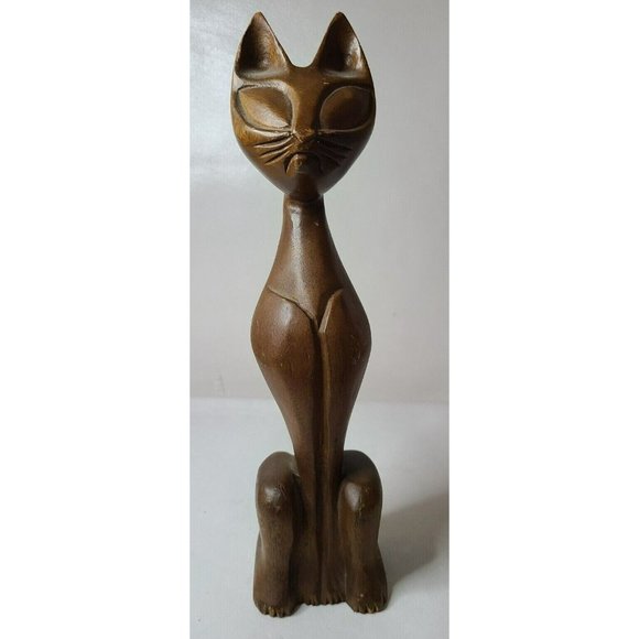 Vintage Wooden Cat Statue Figurine Hand Carved Large Mid Century Modern 13 "